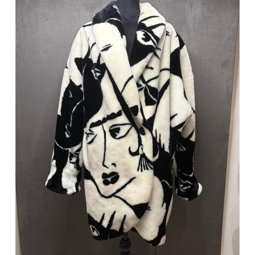Vtg 80s Donnybrook Picasso Faces Faux Fur Coat Womens OS Abstract Art Rihanna